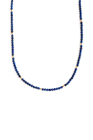4mm beaded necklace with faceted blue lapis and round gold beads on white background