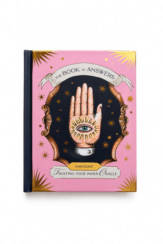 The Book of Answers: Trusting Your Inner Oracle journal by Gaia Elliott, featuring a pink cover with an illustrated hand, eye, and gold stars, shown on a white background.