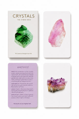 Four cards from Crystals: The Stone Deck arranged in a 2x2 grid on a white background. The top-left card shows the deck box with a green crystal illustration and the title 'CRYSTALS THE STONE DECK.
