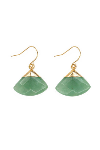 Green jade fan earrings with gold accents on a white background