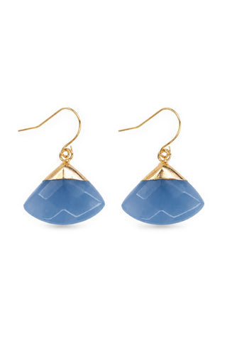 Blue fan earrings with gold accents on a white background