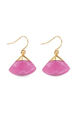 Pink fan earrings with gold hooks on a white background