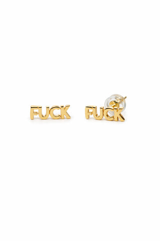Gold earrings with 'FUCK' text on a white background