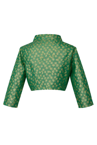 Green jacket with gold clover pattern on a white background