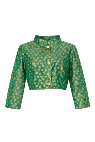 Green jacket with gold clover pattern on a white background