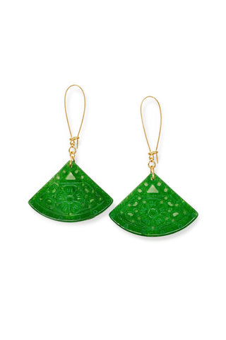 Green jade fan-shaped earrings with gold hooks on a white background