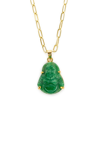 Green jade Buddha pendant on a gold chain against a white background
