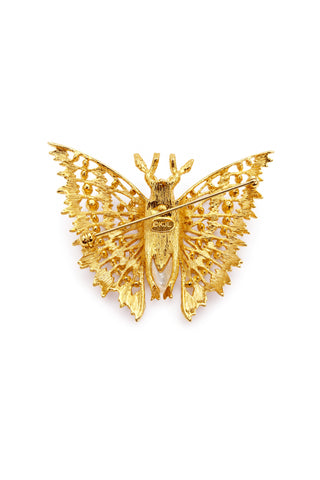 Back of gold butterfly brooch on a white background