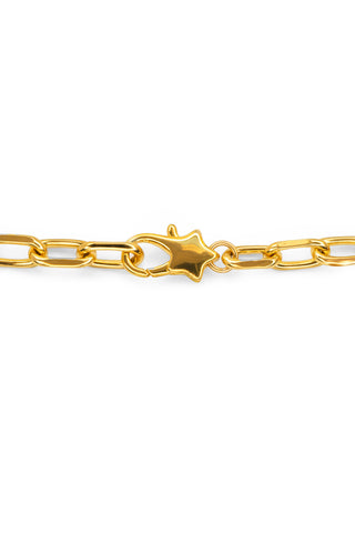 Close up star shaped clasp on a gold paperclip chain necklace on white background