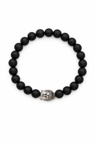 Black beaded bracelet with a silver Buddha head charm on a white background