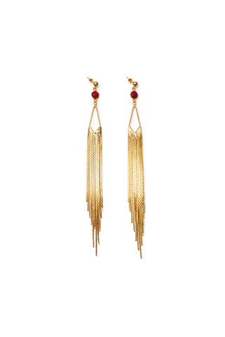 Gold tassel earrings with ruby stones on a white background