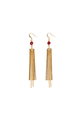 Gold tassel earrings with ruby stones on a white background