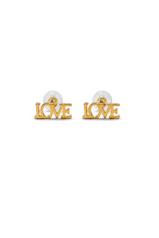 Pair of gold earrings that say "Love" on a white background