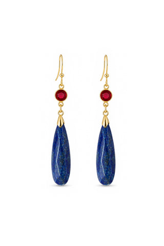 Pair of lapis and garnet earrings on a white background