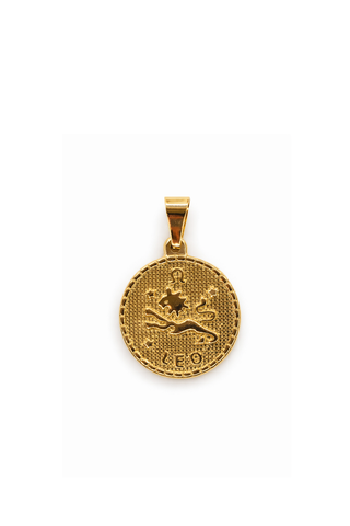 Gold Leo zodiac pendant on a white background