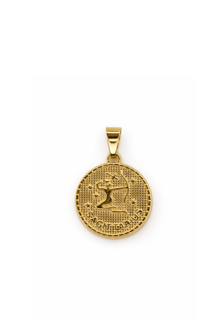 Gold pendant with Sagittarius design and inscription on a white background