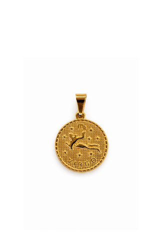 Gold Virgo pendant with zodiac design on a white background